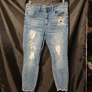 Seven 7 destructed jeans with flowers and lace insets. Size 14